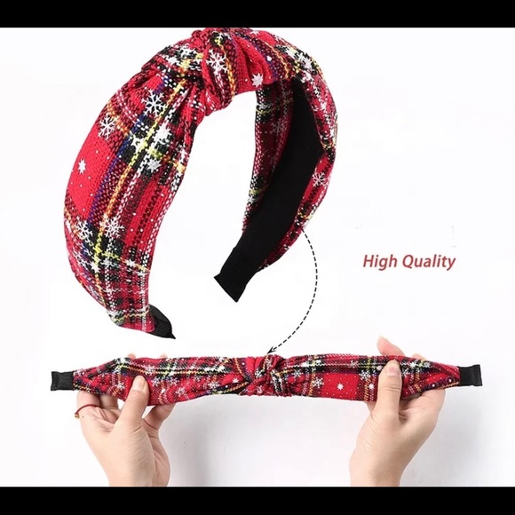 New Christmas Holiday fabric top knot Red black Buffalo plaid flexible headband - Picture 5 of 12
